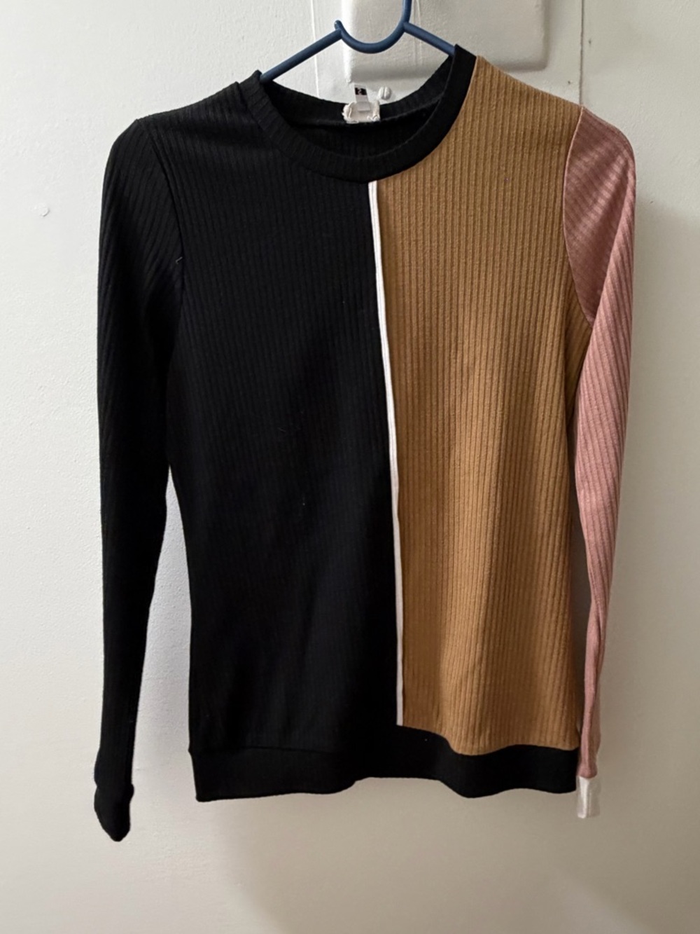 DOT Colorblock Ribbed Knit Top | Black Tan Pink | Size S - Picture 2 of 4
